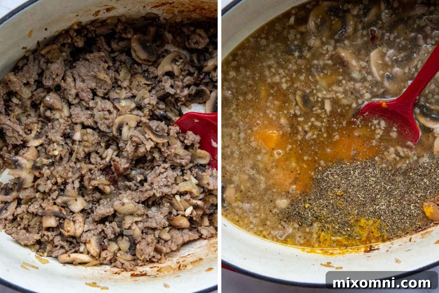 Step-by-step images illustrating the initial stages of making pumpkin sausage soup, showing sausage browning with onions and mushrooms in a Dutch oven.