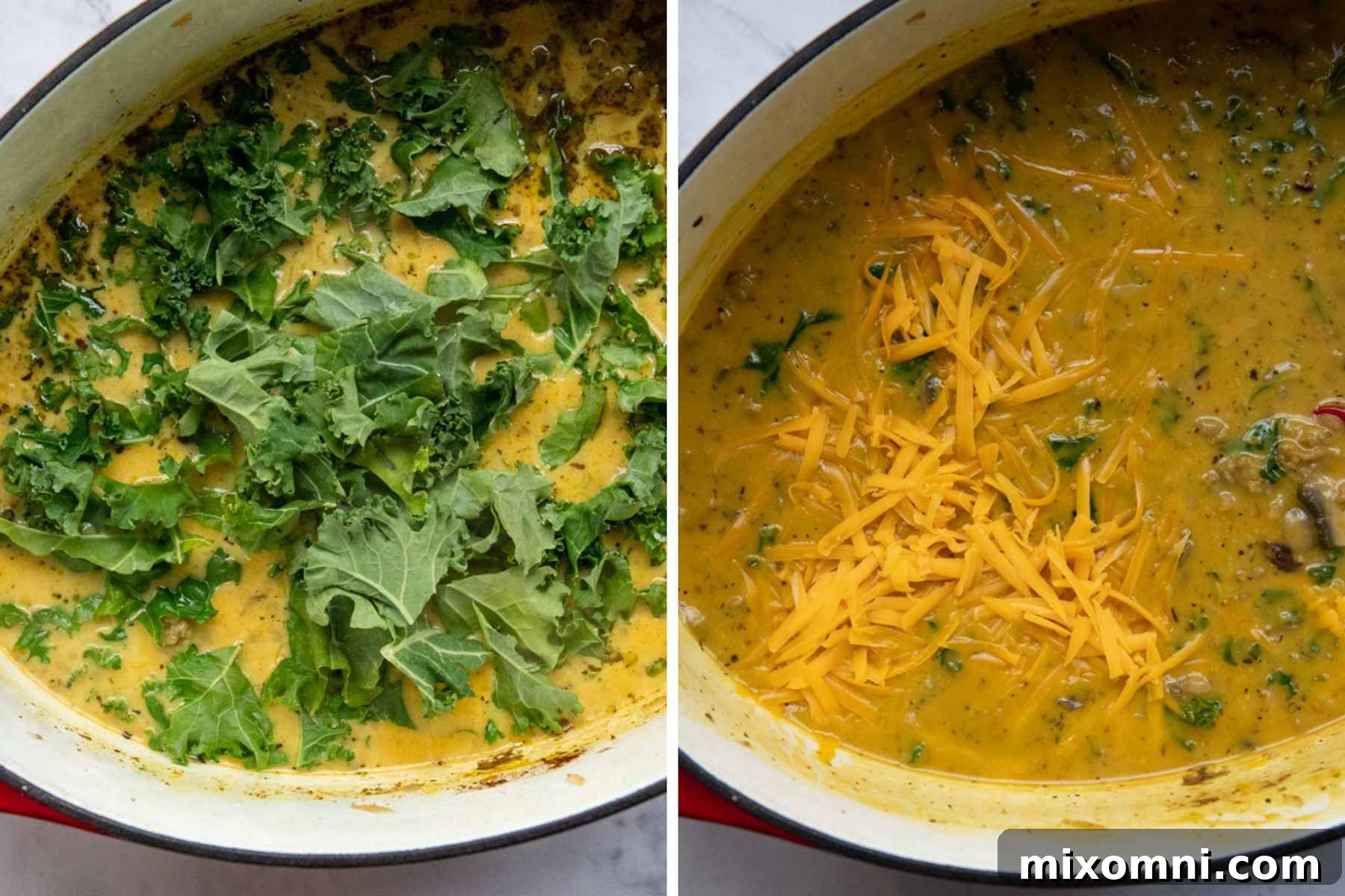 Images demonstrating the final steps of preparing pumpkin sausage soup, showing fresh kale and sharp cheddar cheese being stirred into the rich, creamy broth.