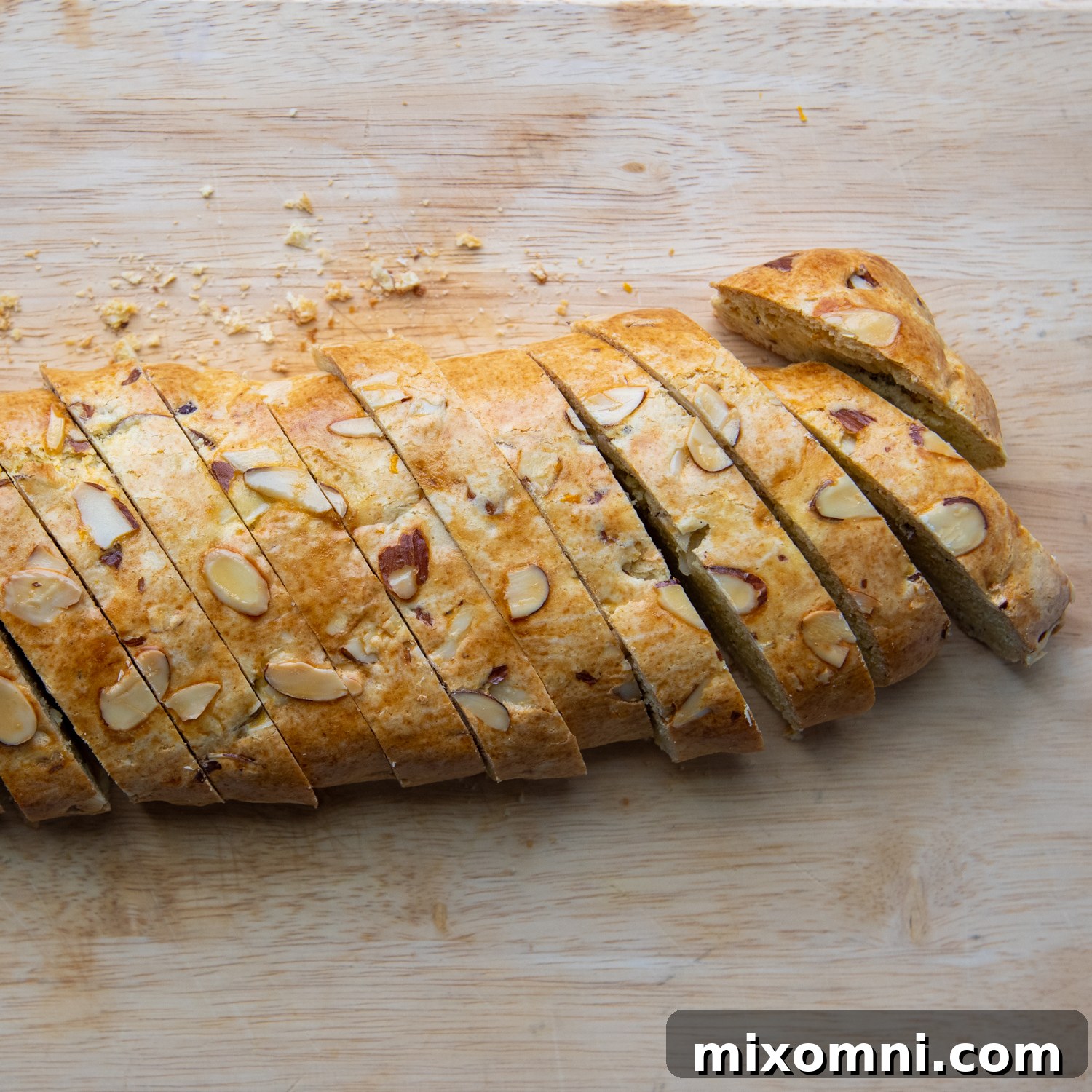 baked biscotti sliced before baking again.