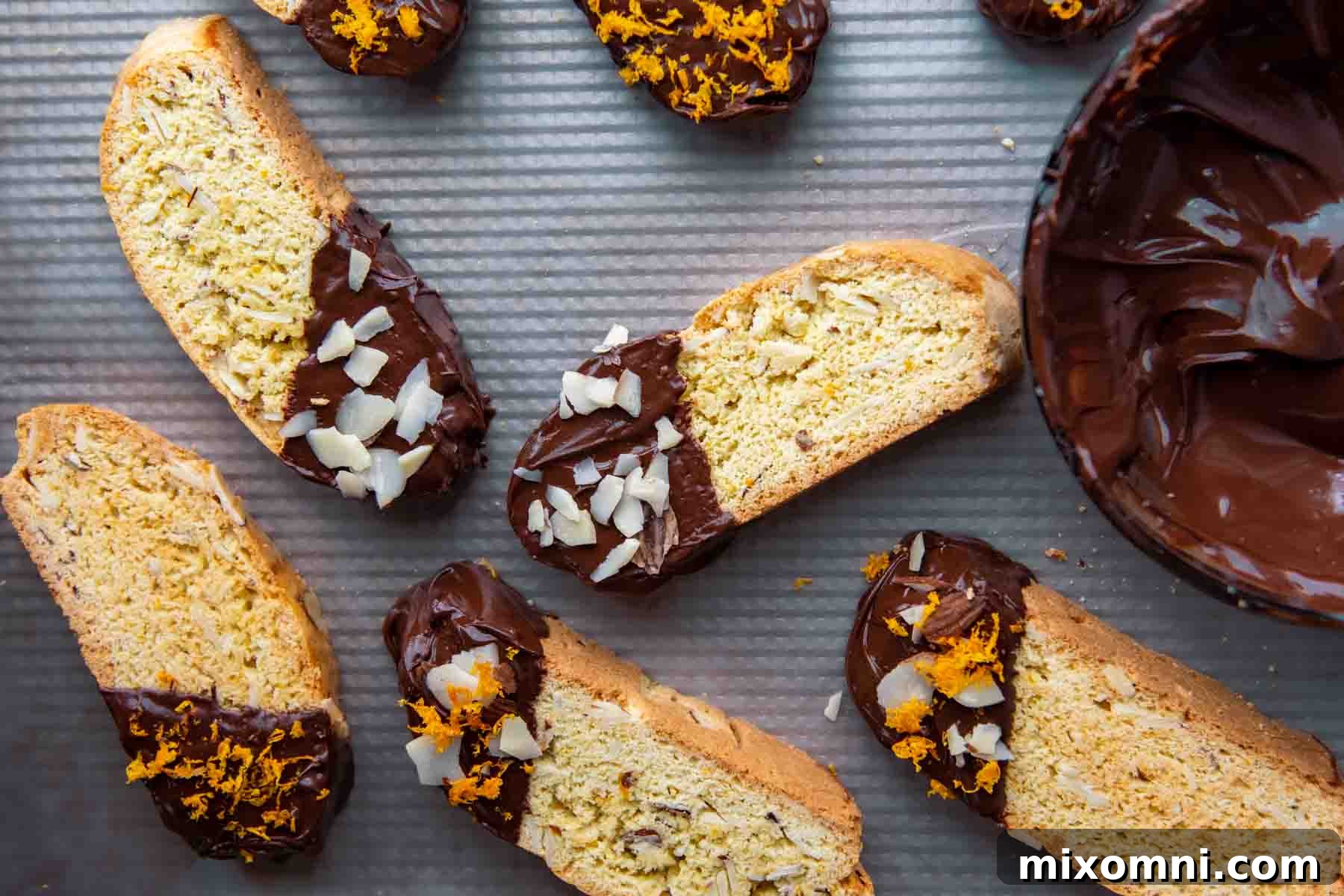 overhead shot of baking sheet full of biscotti