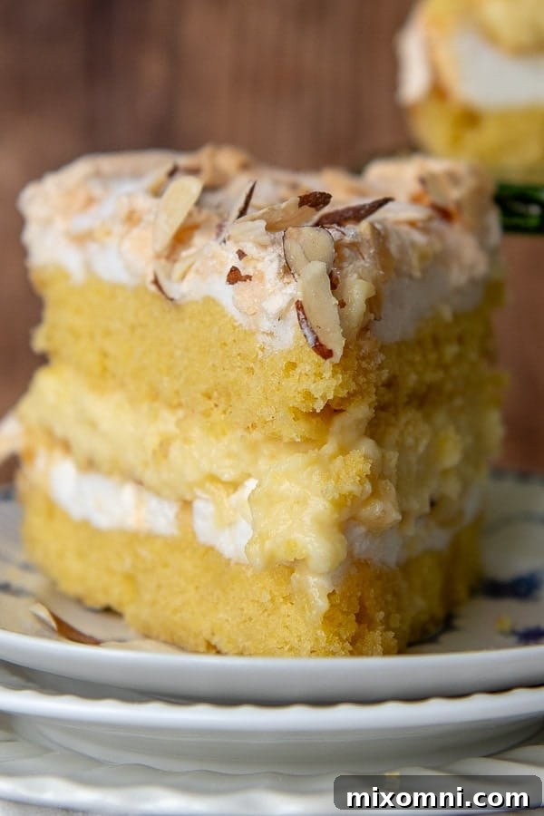 A perfectly sliced piece of Blitz Torte on a plate, ready to be enjoyed.