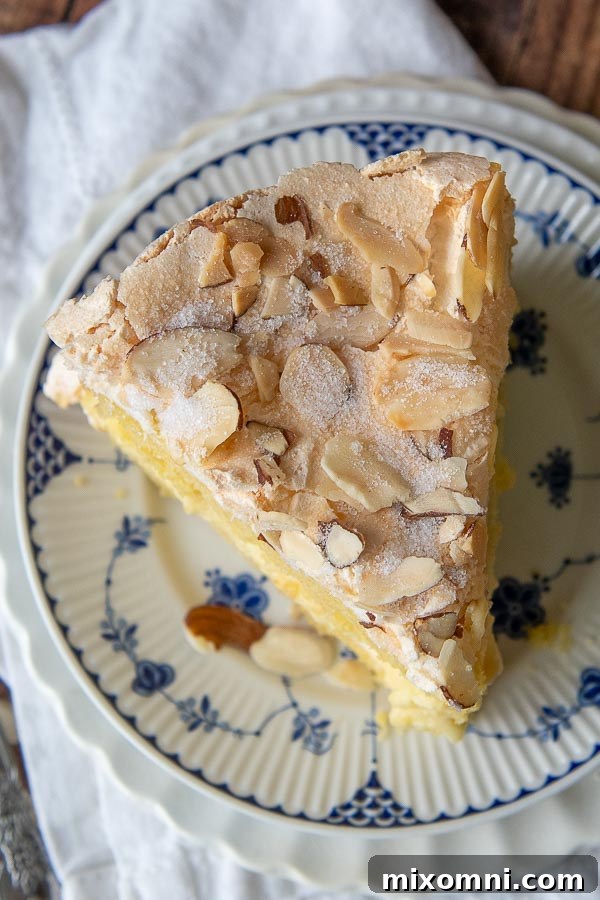 Overhead shot of the finished Blitz Torte, showing the beautiful almond meringue top.