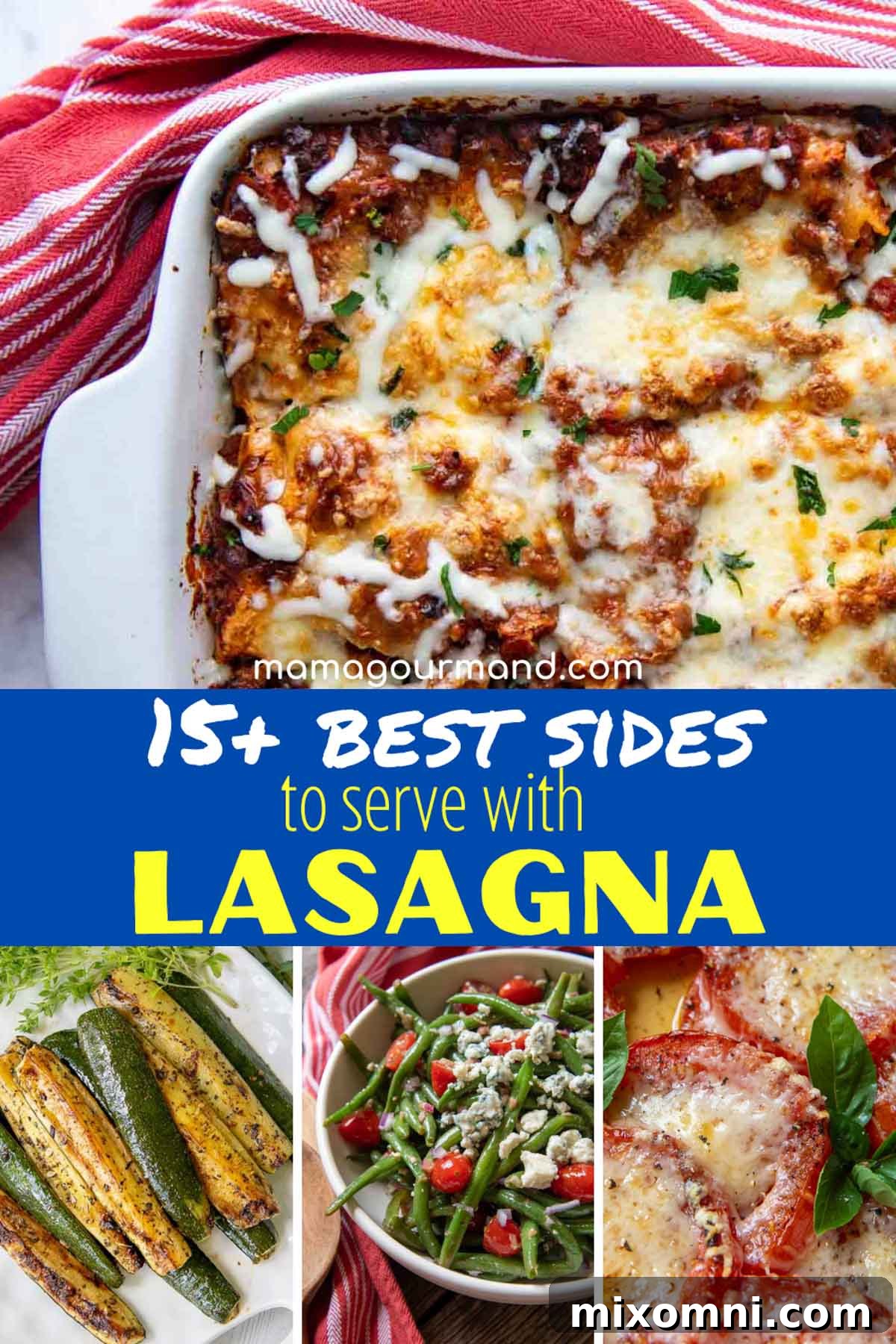 A beautifully presented lasagna dish, rich with layers of pasta, sauce, and cheese, surrounded by an array of tempting side dishes suitable for a festive gathering.