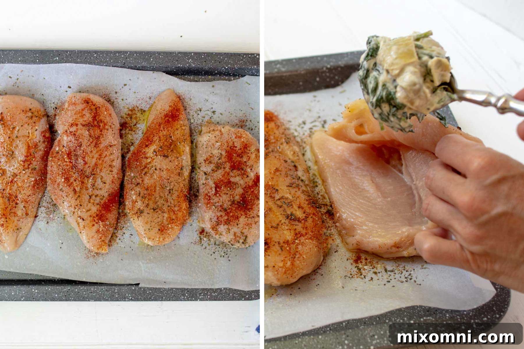 Visual instructions illustrating the precise technique for butterflying and stuffing chicken breasts with the spinach artichoke mixture.