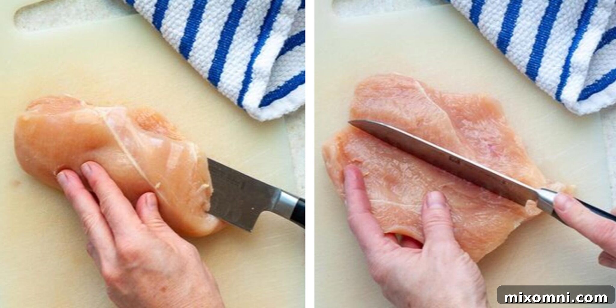 Visual step-by-step guide demonstrating the proper technique to butterfly a chicken breast for stuffing, showing the precise cut.
