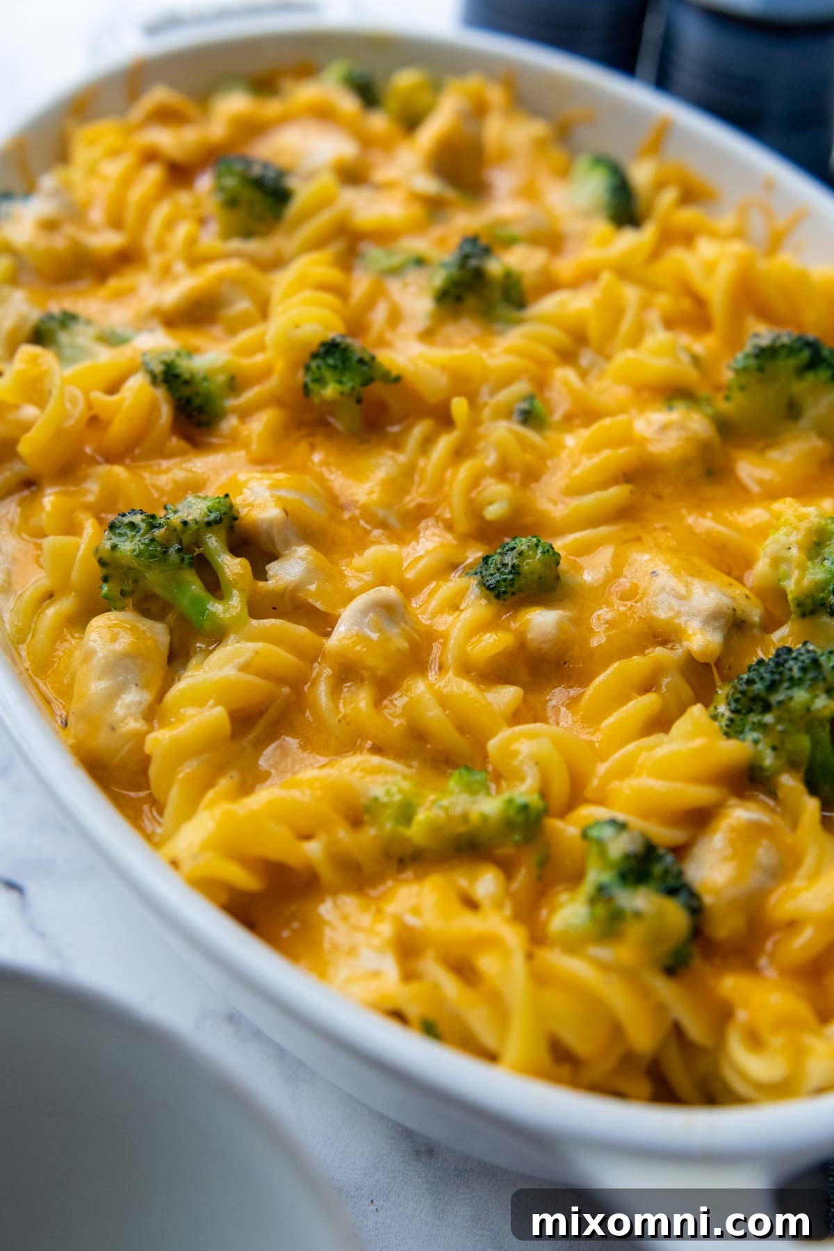 close up of the inside of the pasta casserole with a scoop taken out