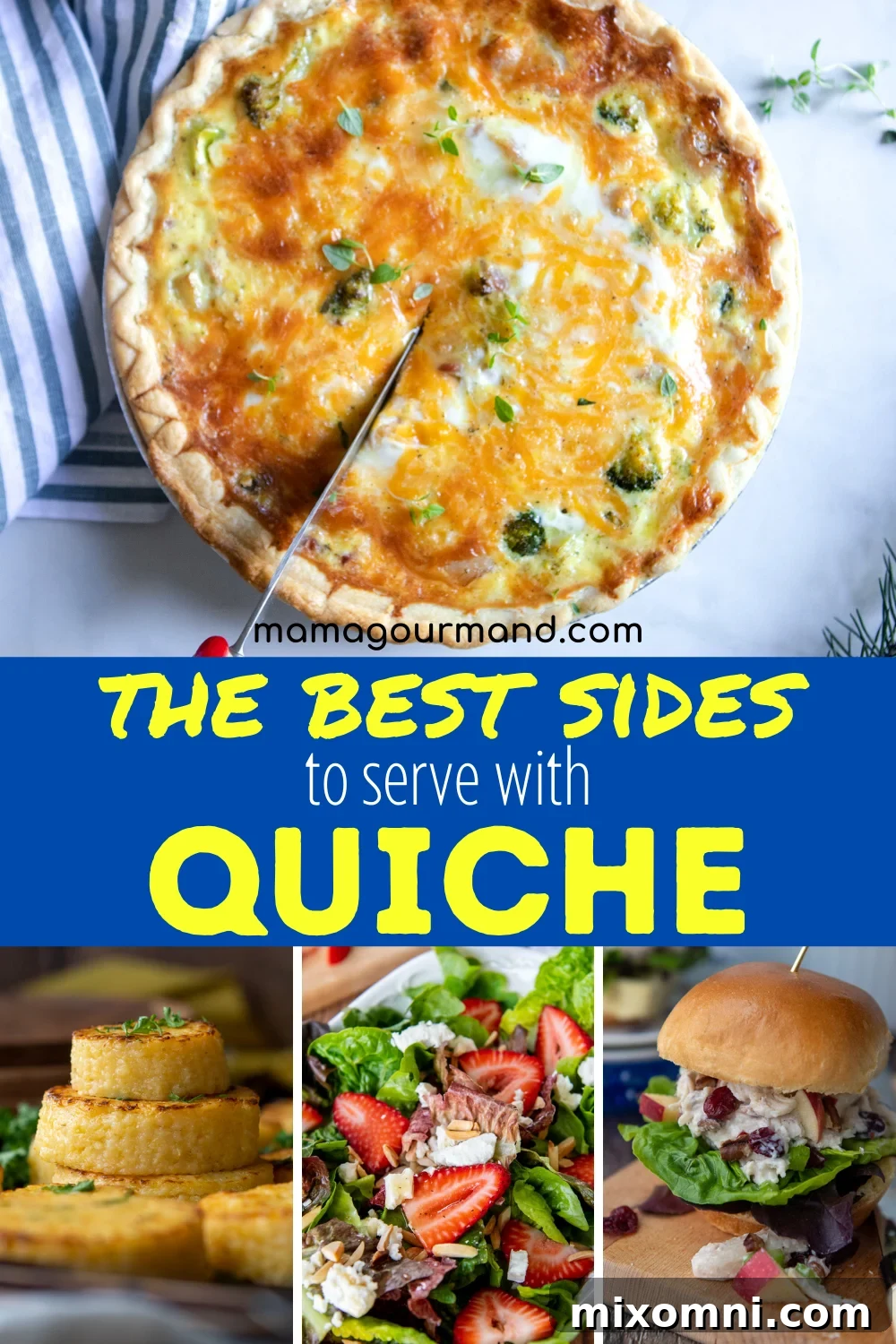 A vibrant collection of diverse side dishes beautifully arranged to accompany quiche, featuring fresh salads, roasted vegetables, and crusty bread.