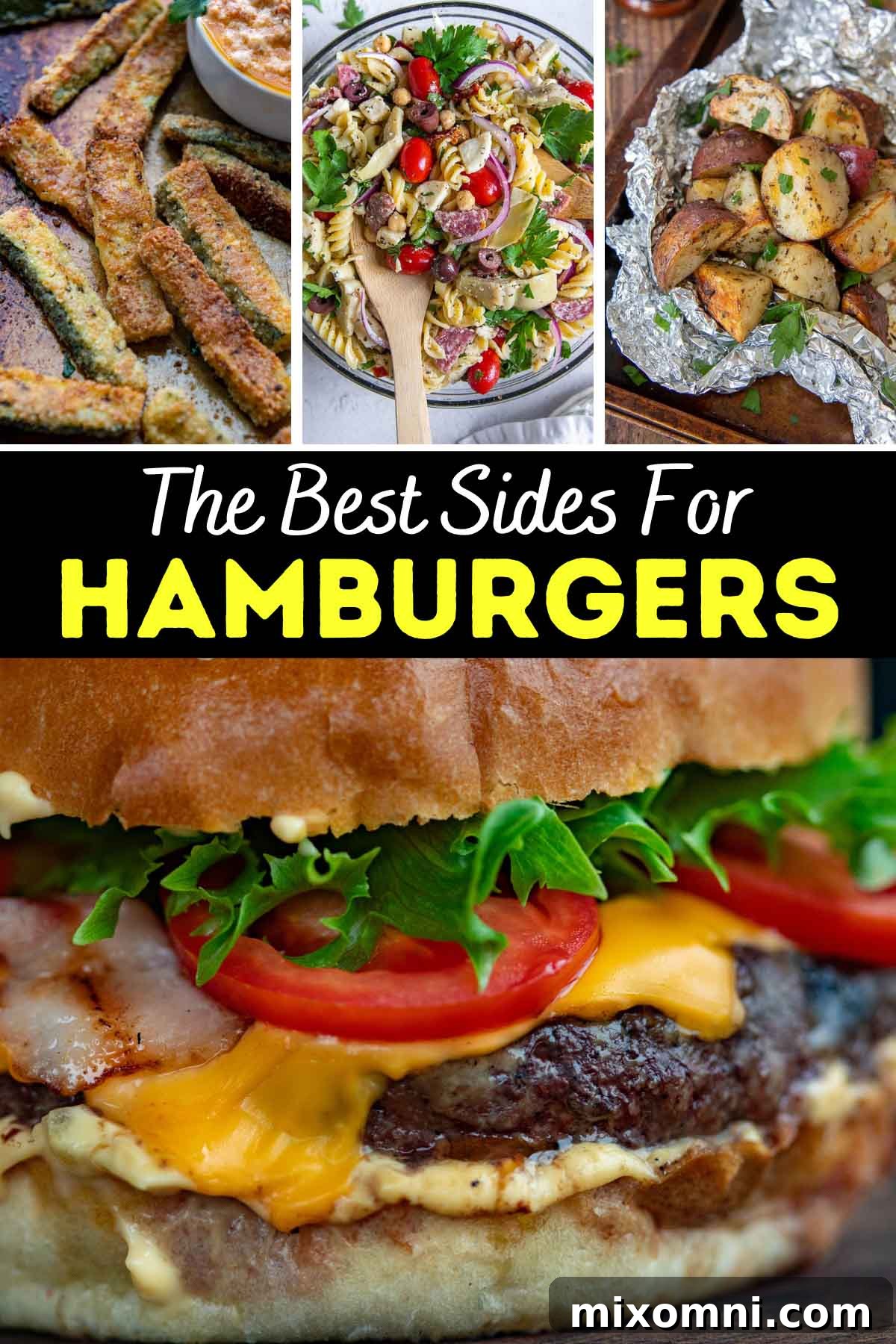 A vibrant collage showcasing a variety of delicious side dishes perfect for serving with burgers, including fries, salads, and grilled vegetables.