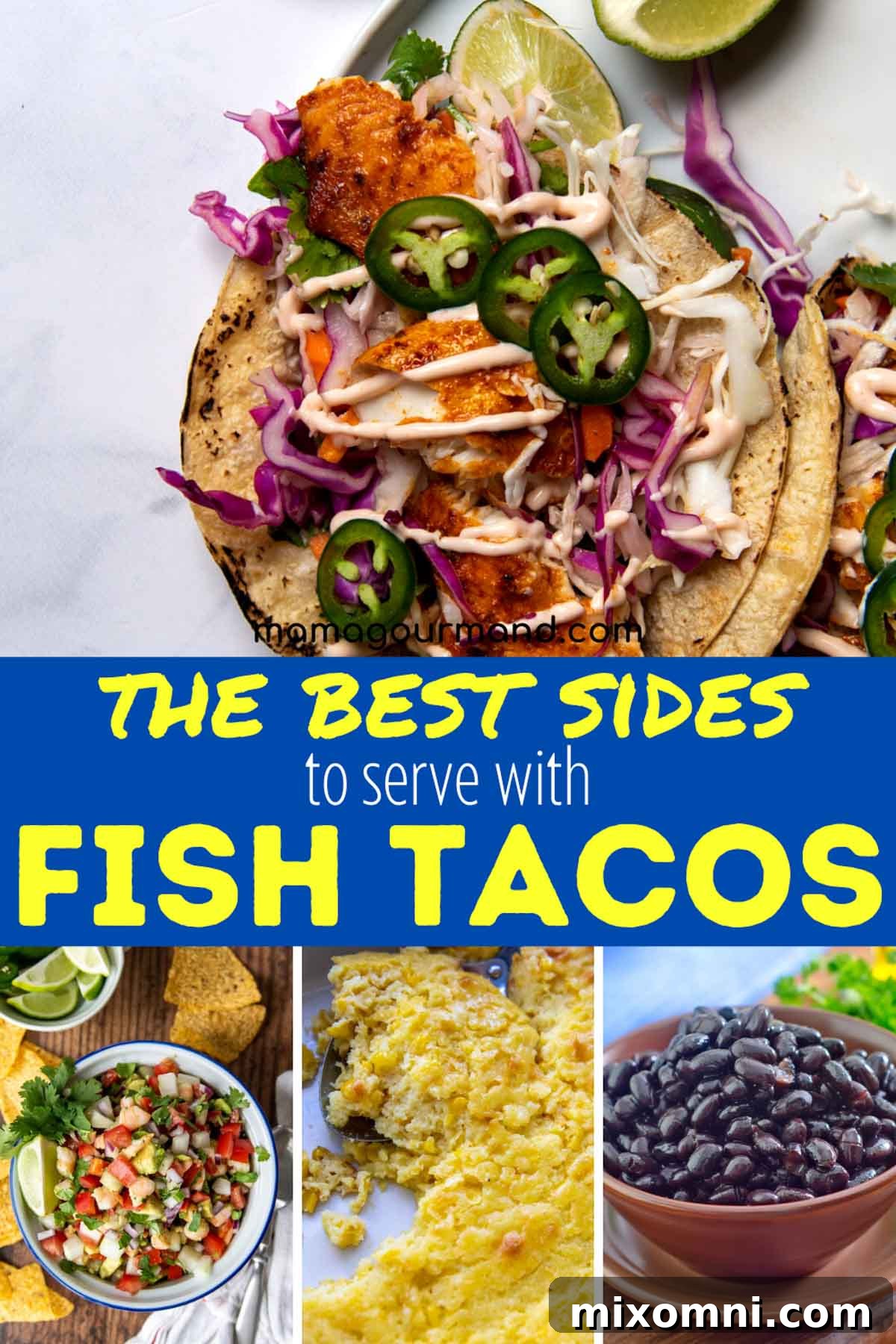 Assortment of vibrant side dishes to serve with fish tacos, including fresh salads, grilled corn, and various salsas