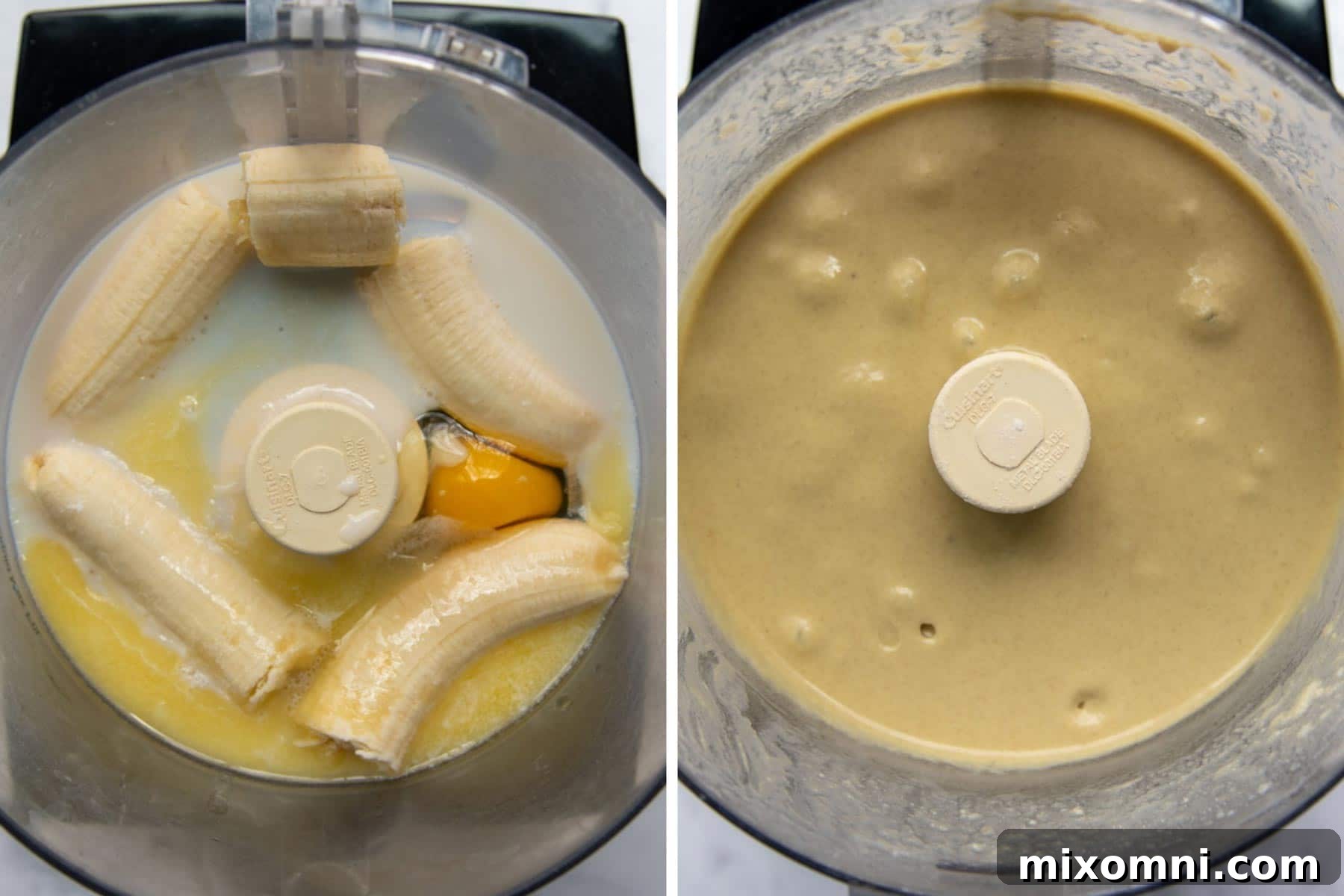 A visual guide showing the step-by-step process of making buckwheat banana pancakes using a food processor for ease and consistency.
