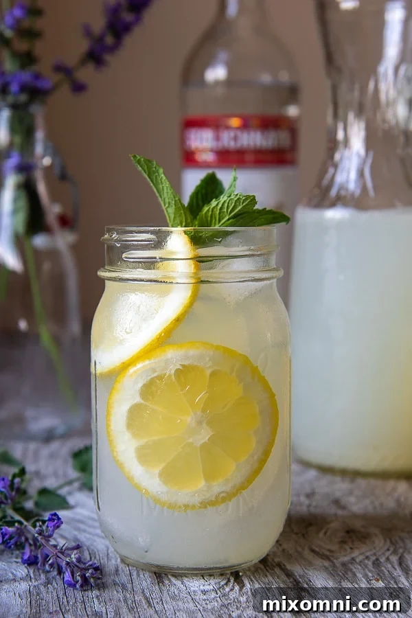 Classic vodka lemonade in a jar glass with lemon slices and ice, ready to be enjoyed.