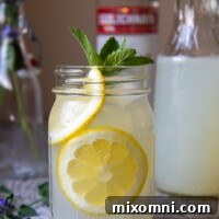 Straight on shot of spiked lemonade with sliced lemons in a jar glass, ready for enjoyment.