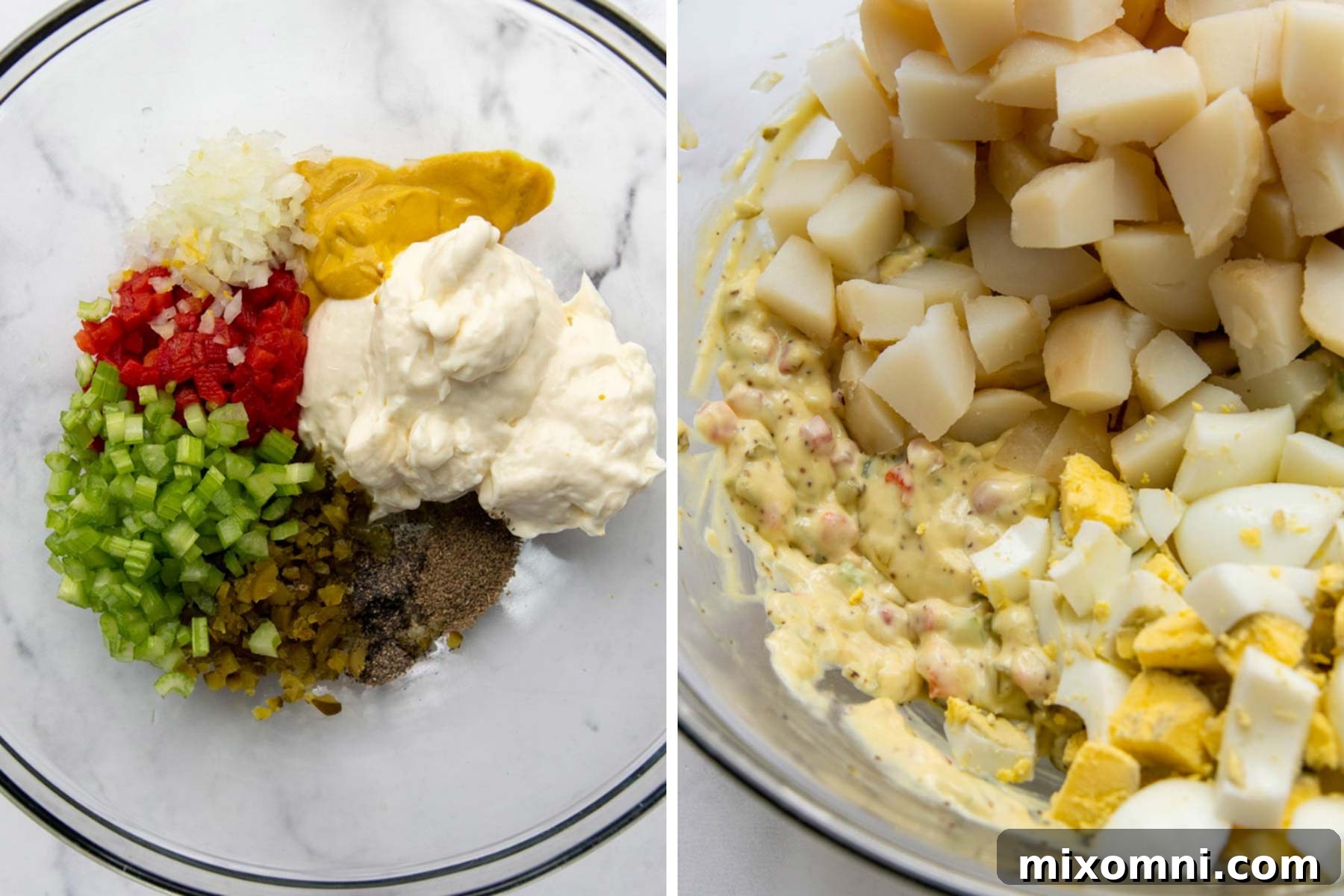 A visual step-by-step guide showing how to mix together the ingredients for Amish potato salad in a large bowl, demonstrating the creamy texture and colorful additions.