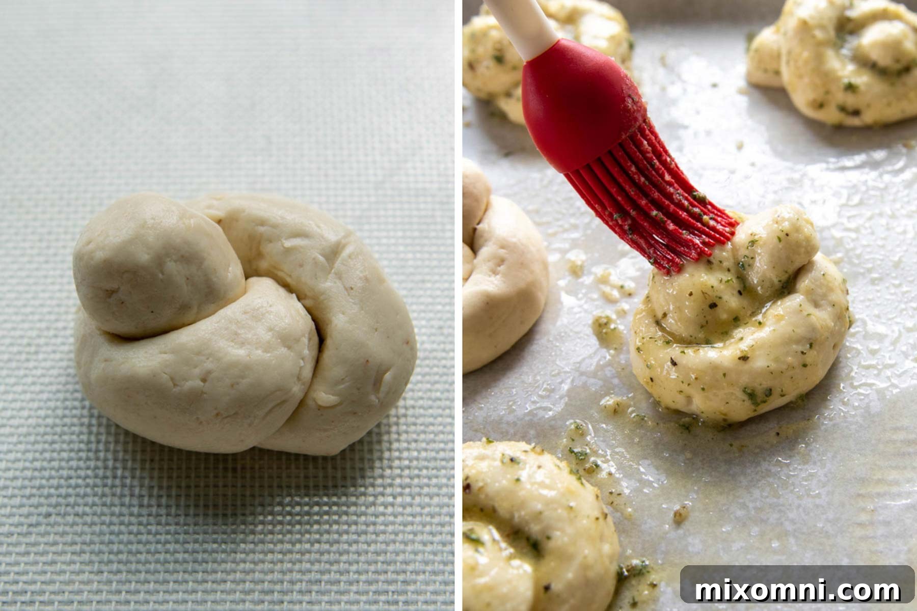 A visual guide showing how to shape gluten-free garlic knots by tying a simple knot with the dough rope, followed by brushing them generously with garlic butter before baking.
