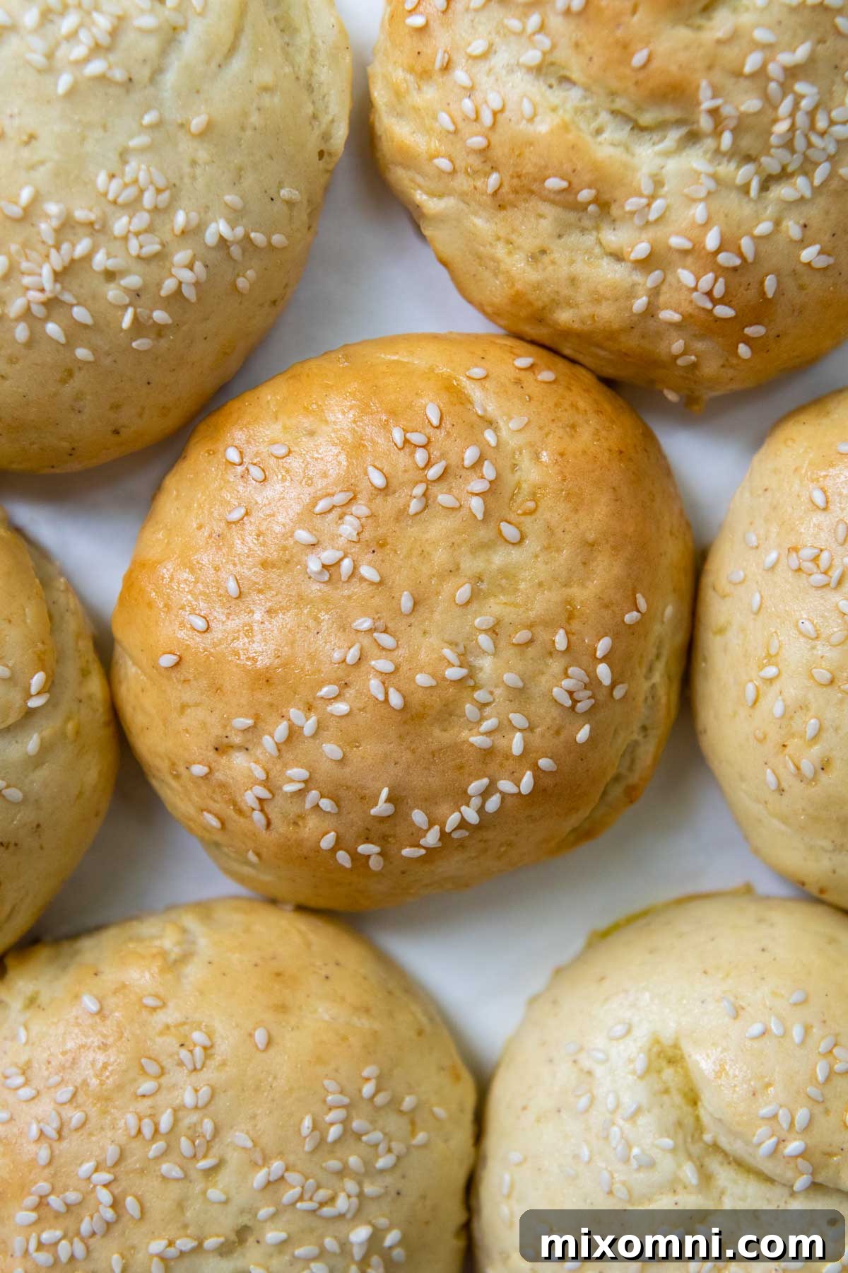 overhead shot of burger buns on a white background.