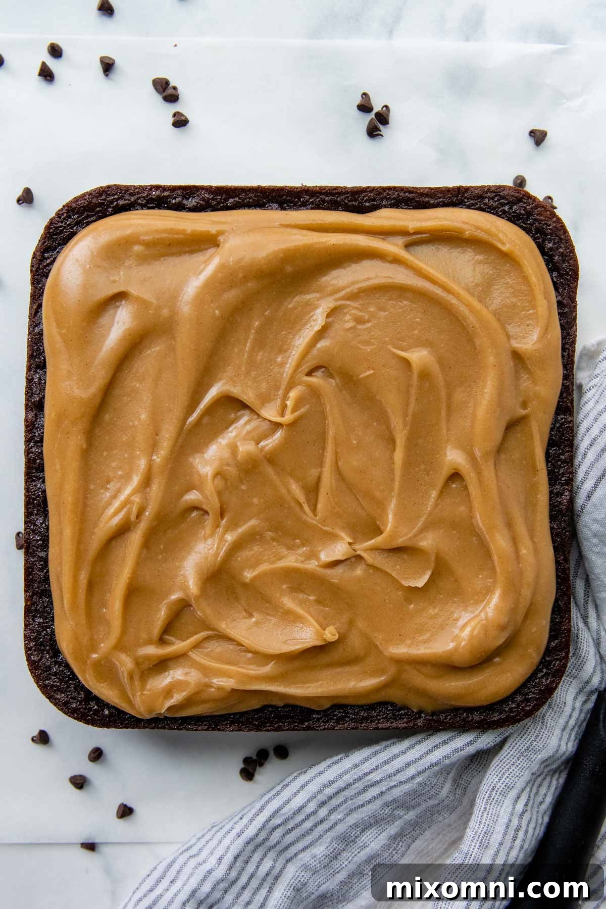 Overhead shot of a rich chocolate sheet cake adorned with a smooth, generous layer of peanut butter icing.