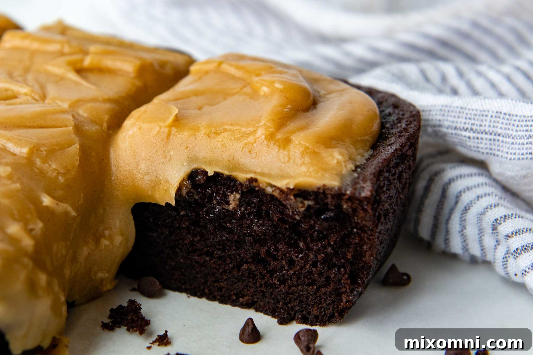 A delectable slice of cake, showcasing the luscious peanut butter glaze dripping elegantly down its sides.