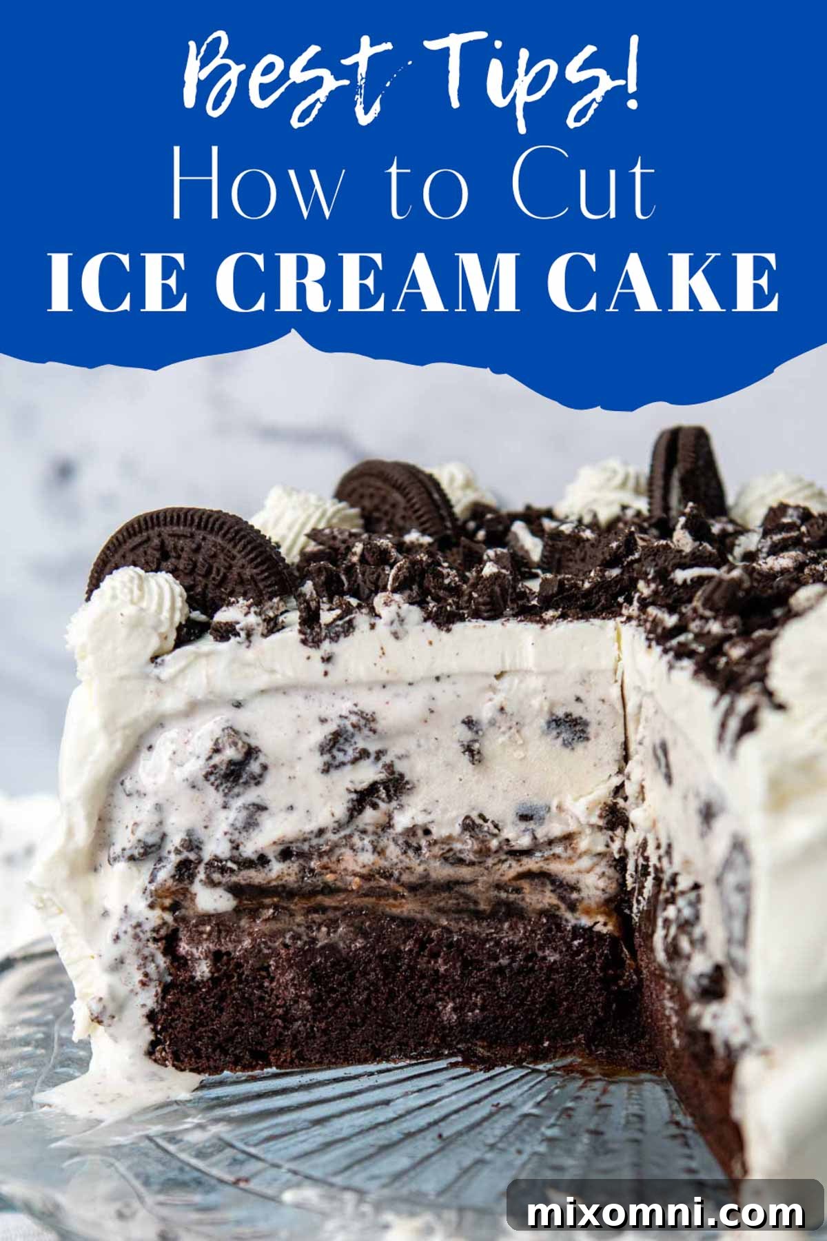 A perfectly cut slice of ice cream cake resting on a cake platter, showcasing its distinct layers of cake, ice cream, and toppings.