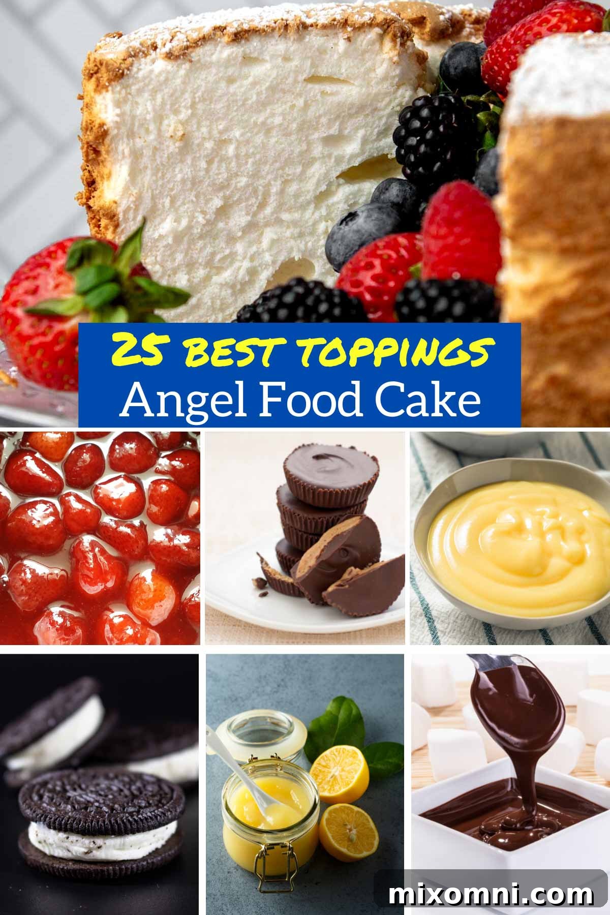 collage of angel food cake topping ideas