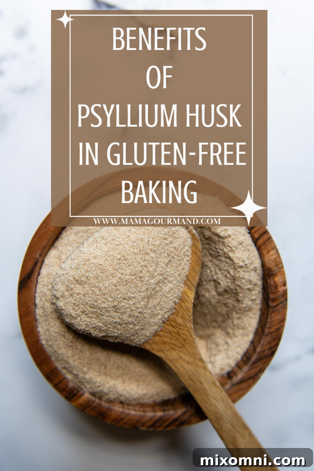 a wooden bowl with psyllium and spoon lifting it out.