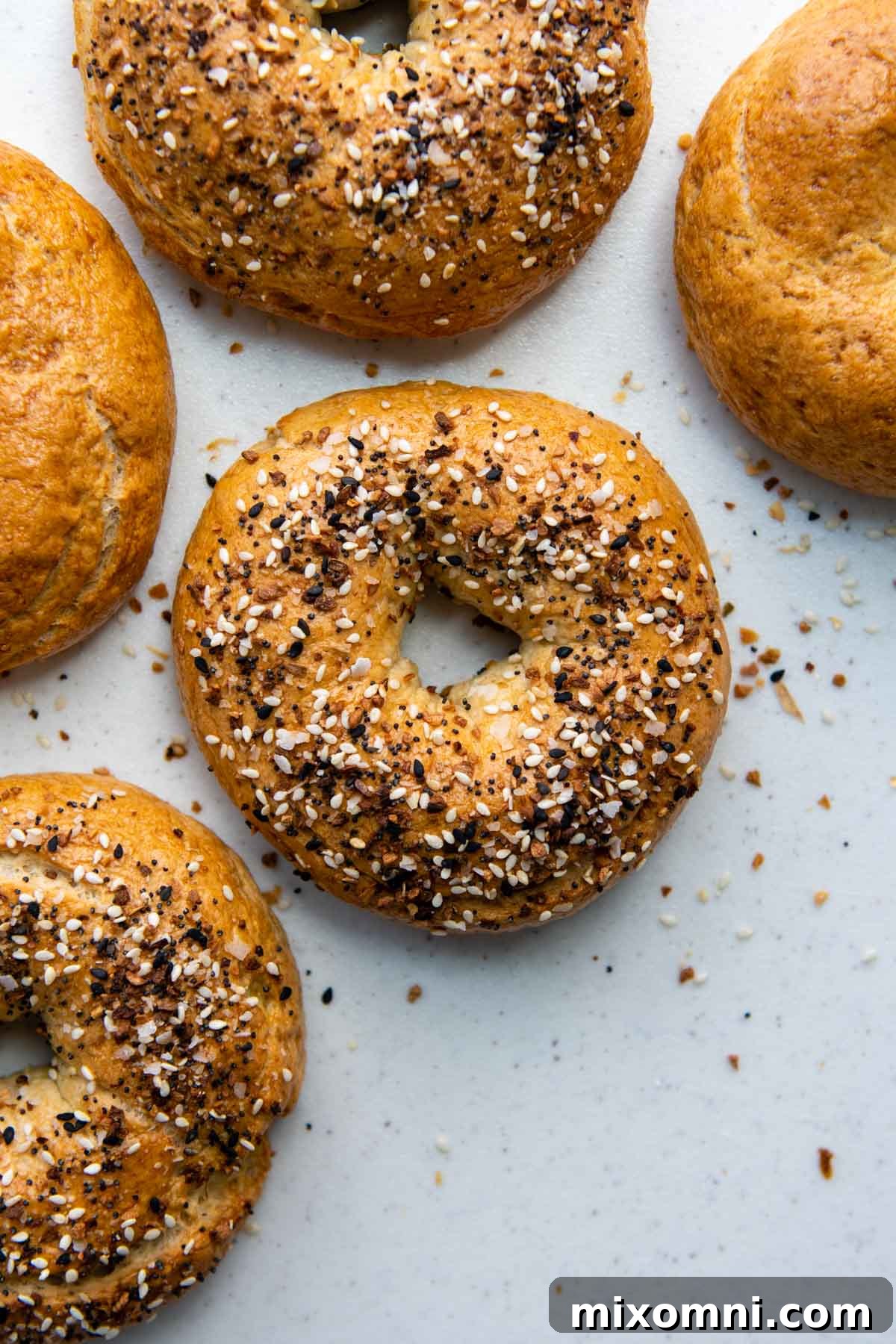 overhead shot of bagels on a white background.