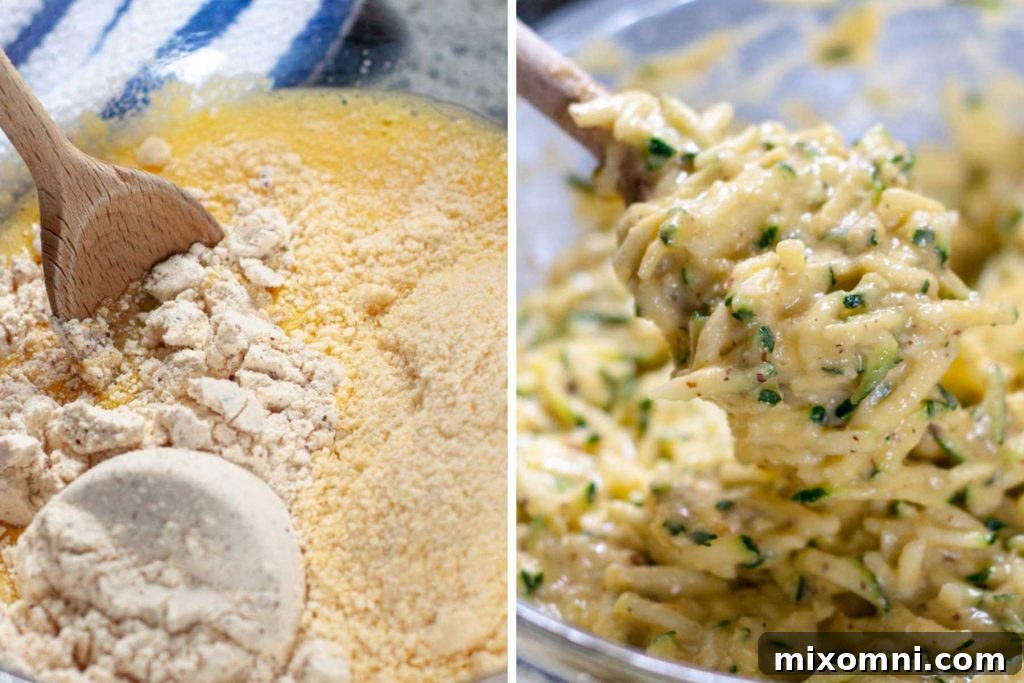 A visual collage showing the step-by-step process of making gluten-free zucchini fritters, from grating zucchini to mixing the batter.