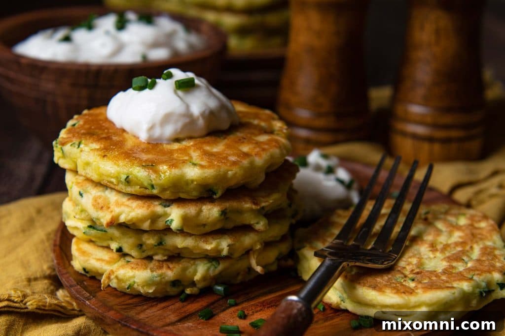 A stack of perfectly golden-brown gluten-free zucchini fritters artfully arranged on a wooden plate, accompanied by a stylish gold napkin.