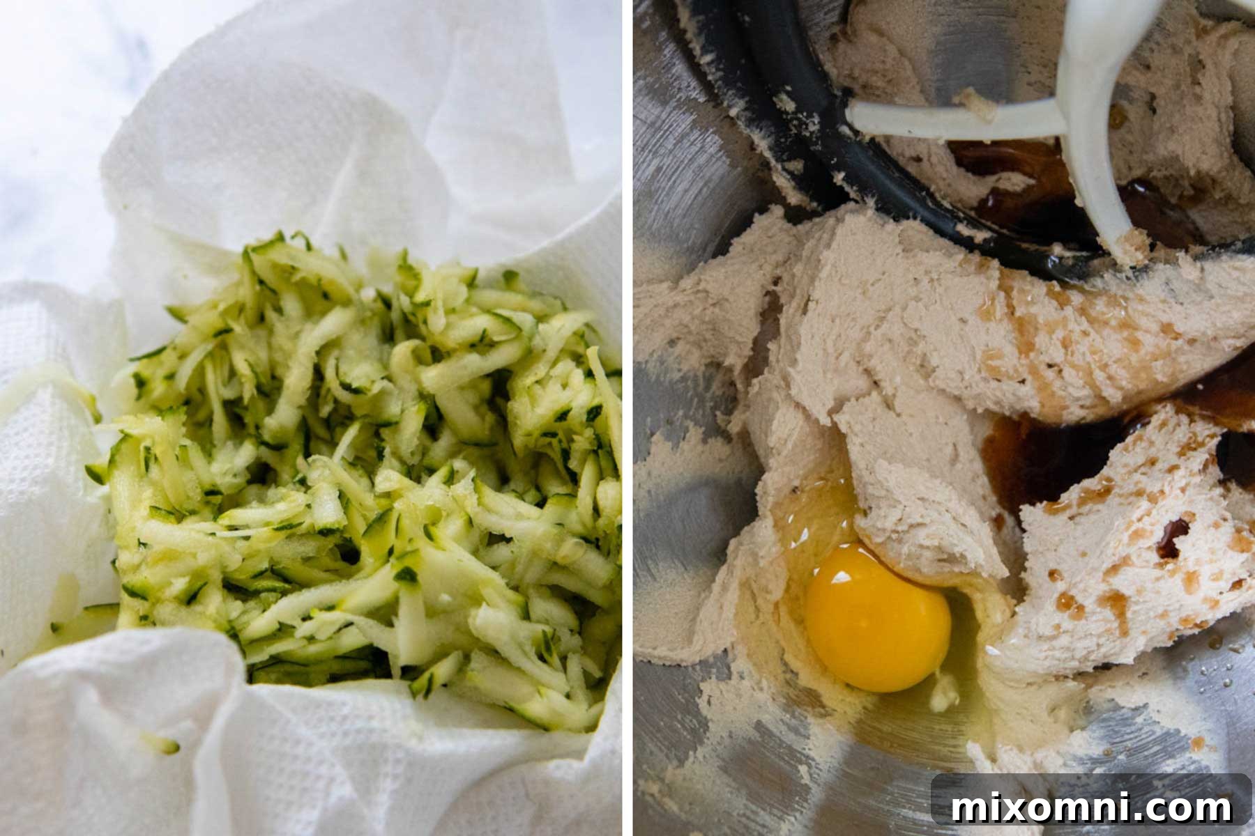 A series of images illustrating the initial stages of making gluten-free zucchini cookies, including grating zucchini and preparing the wet ingredients.