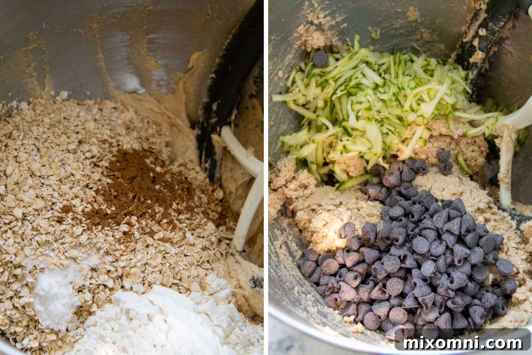 Visual steps showing the combination of dry ingredients with wet ingredients, leading to a perfectly mixed cookie dough.