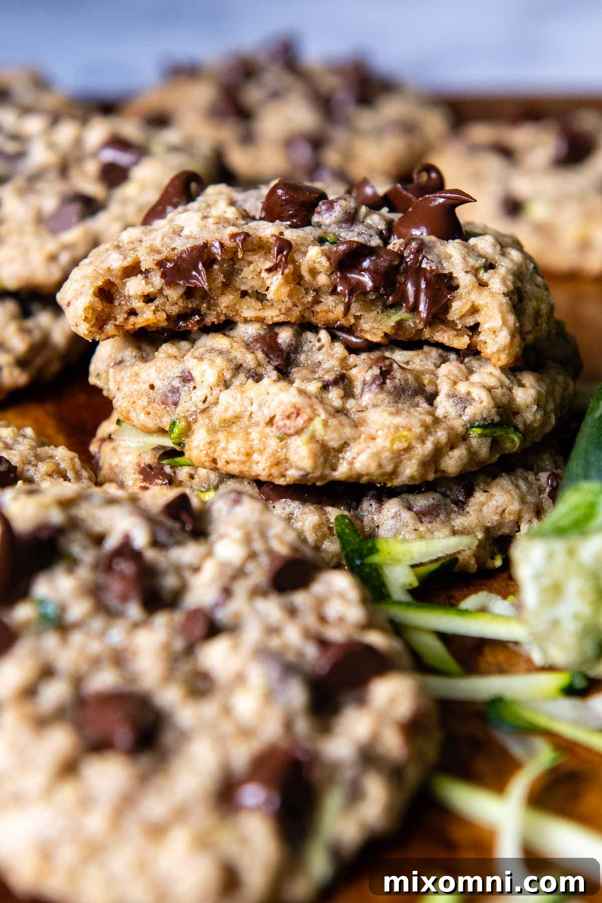A stack of soft and chewy gluten-free zucchini cookies, with one cookie having a bite taken out to reveal melting chocolate chips and a tender interior.