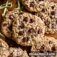 overhead shot of zucchini cookies with melty chocolate chips on top.