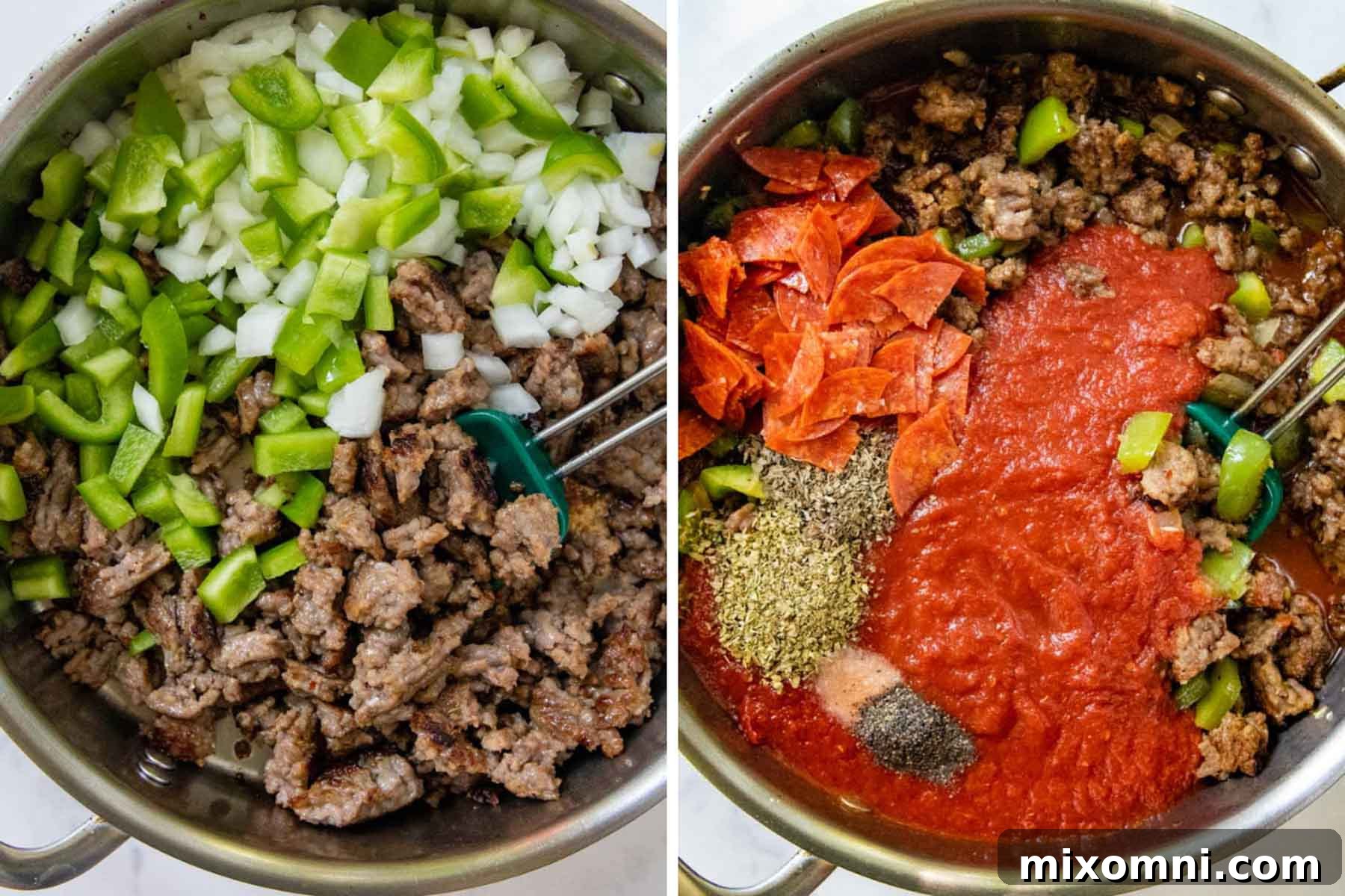Step-by-step images showing how to prepare the Supreme Pizza Pasta Skillet, from browning sausage to mixing ingredients.