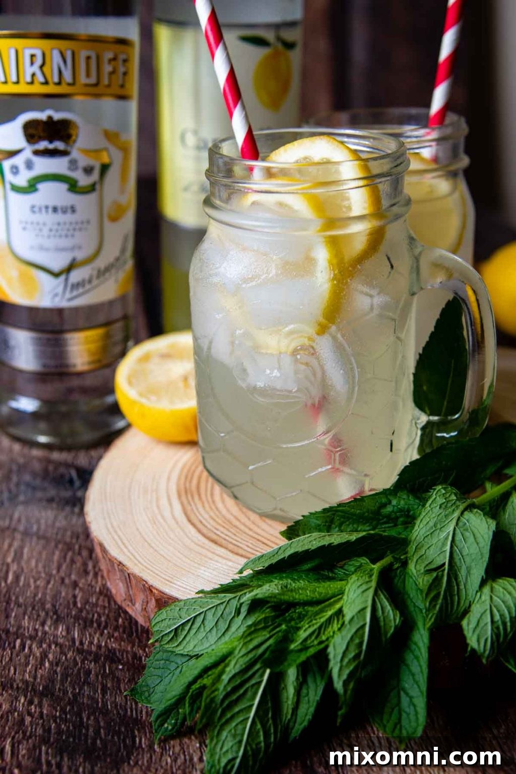 Two Spiked Lemon Shake-Up Cocktails in mason jars, with bottles of citrus vodka and limoncello blurred in the background, hinting at their key ingredients.