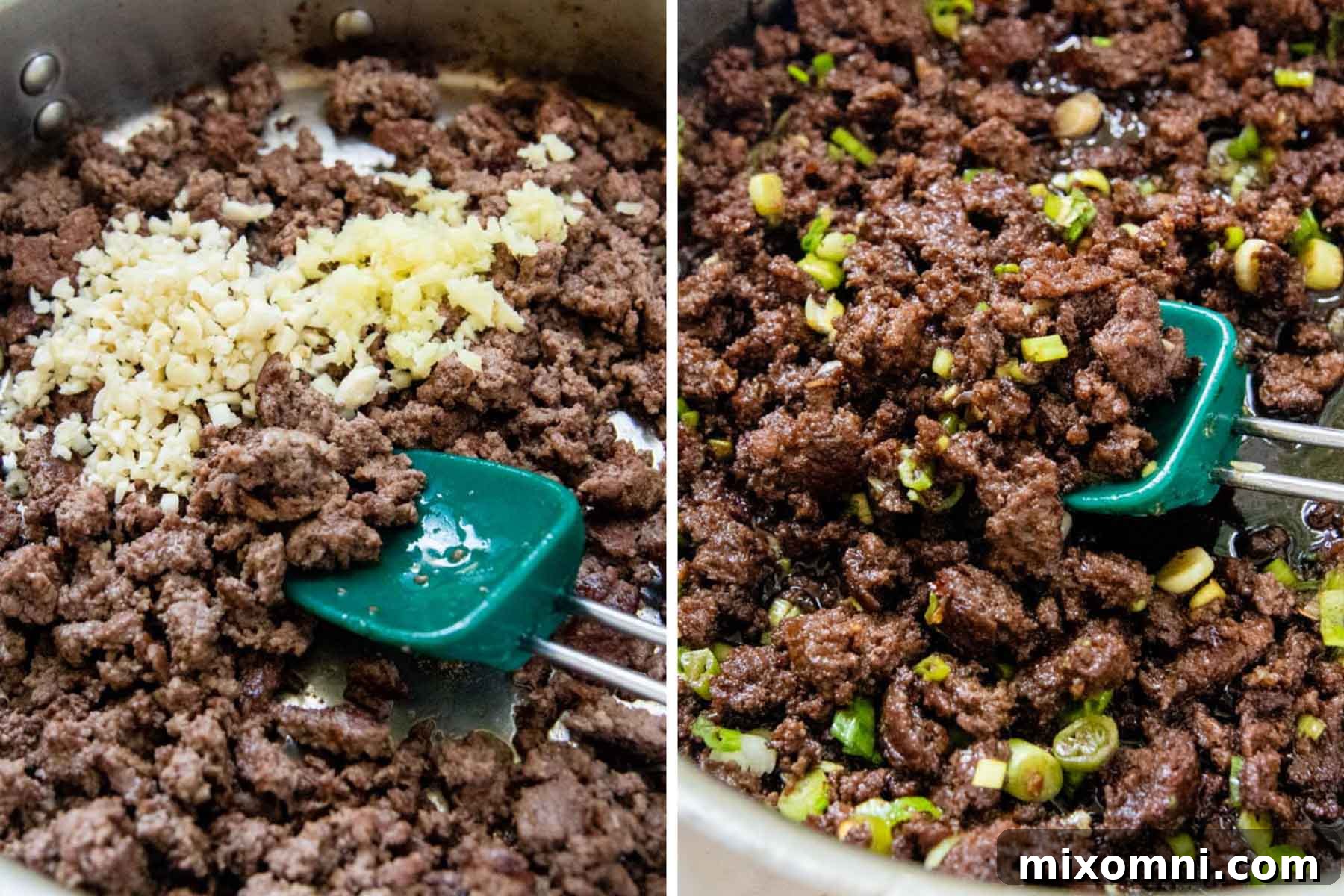 A series of three images showing the cooking process of Korean beef bowls: first, ground beef browning in a skillet; second, the addition of garlic, ginger, and sesame oil; third, the sauce simmering and reducing with green onions.