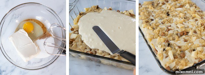 images showing how to make caramel apple cheesecake bars assembly