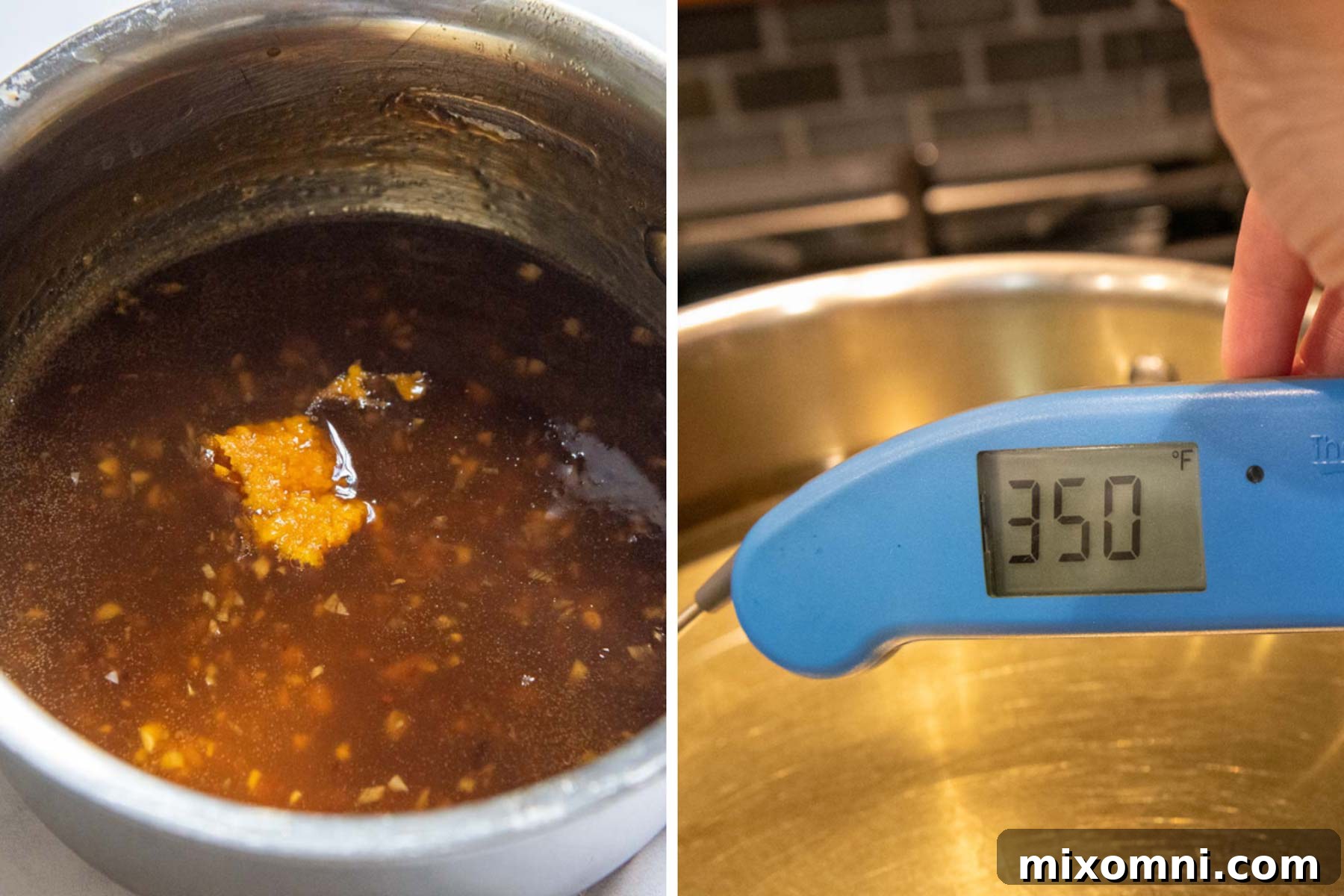 Images showing how to prepare the orange sauce by combining ingredients in a saucepan and simmering, then preparing oil in a deep skillet.