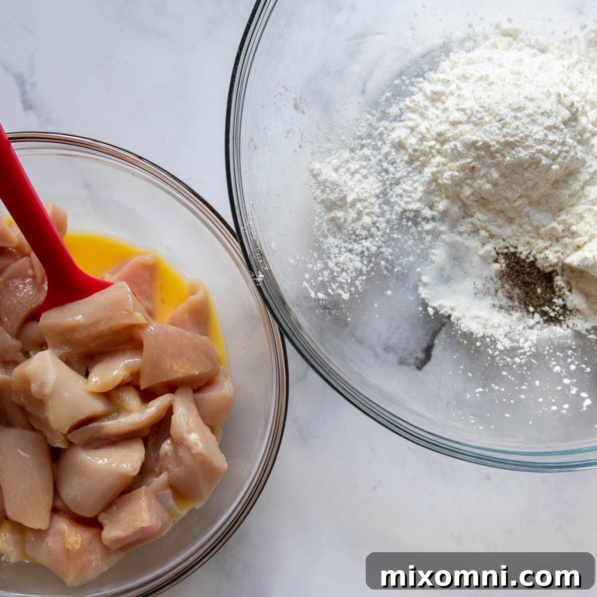 Images showing the preparation steps for breading chicken, including whisking an egg and combining dry breading ingredients in separate bowls.
