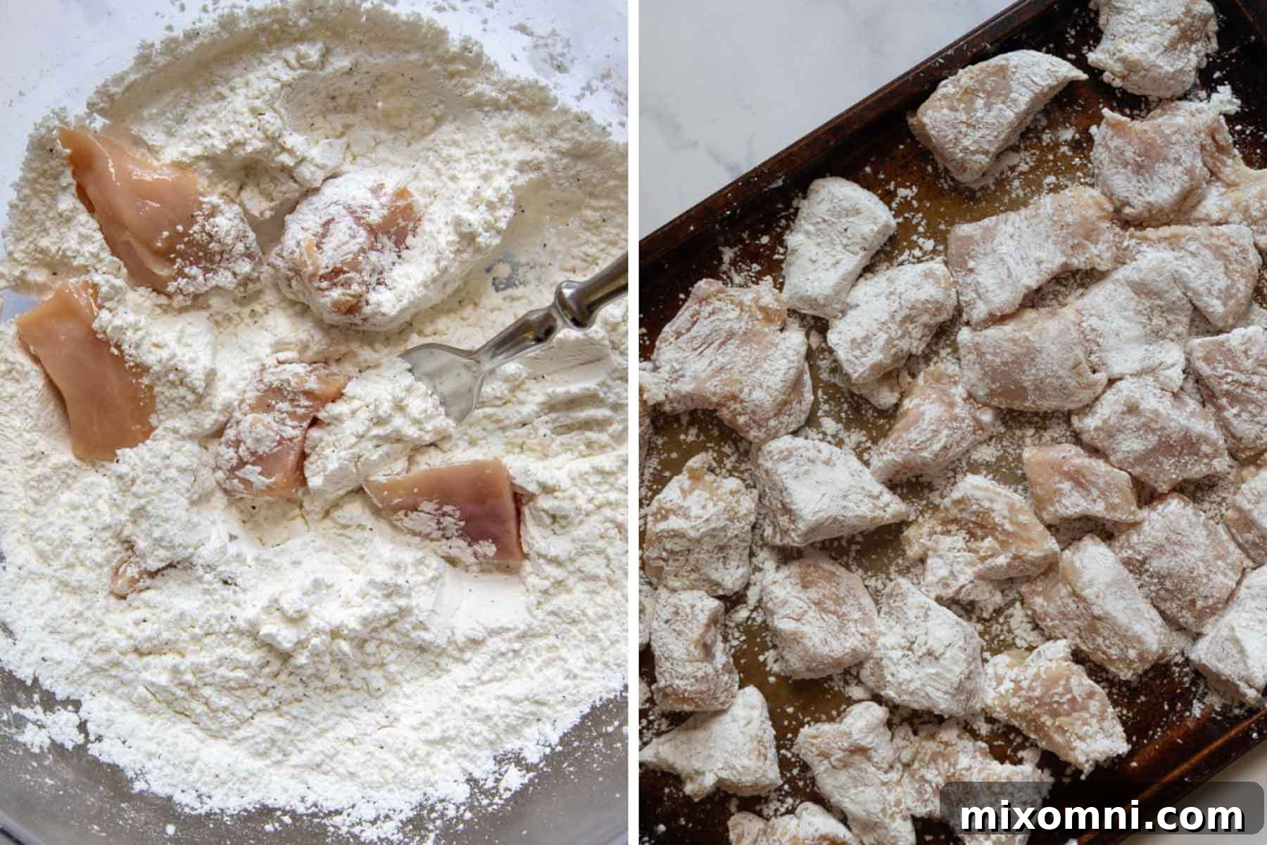 Images showing the process of coating chicken pieces in the gluten-free breading mixture, ensuring all sides are covered.