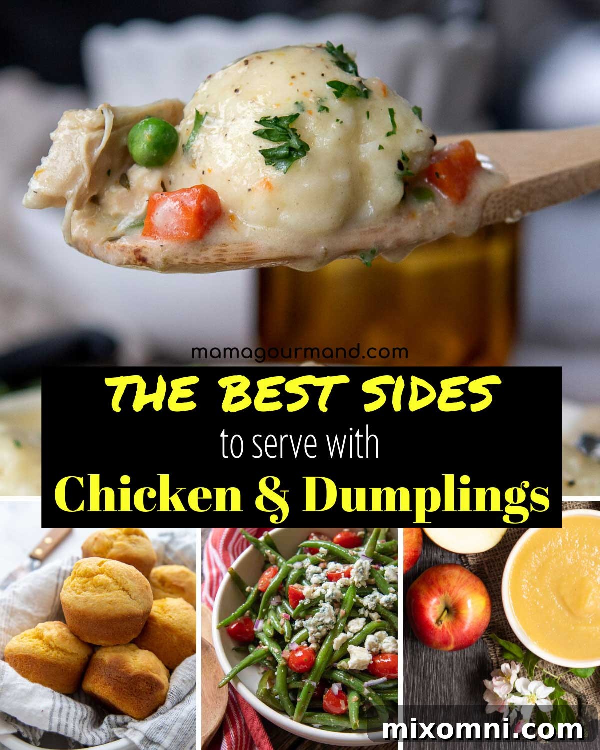 A bowl of creamy chicken and dumplings, ready to be served with delicious side dishes.