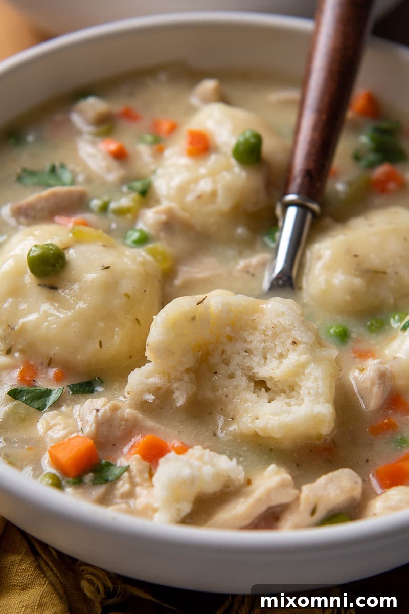 A spoon gracefully lifts a delicious dumpling from a steaming bowl of creamy chicken and dumpling soup, revealing its fluffy interior.