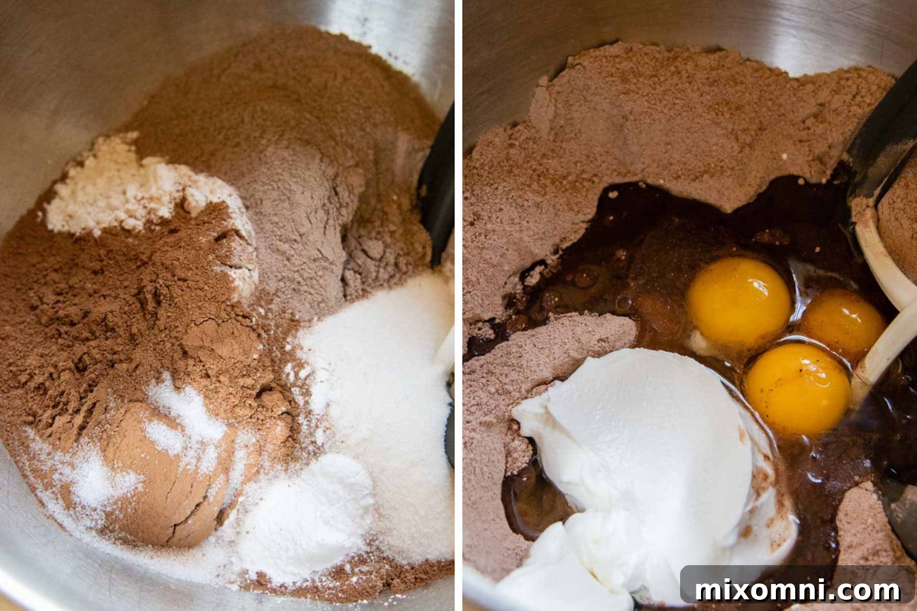 Various stages of preparing the gluten-free bundt cake batter shown in a collage.