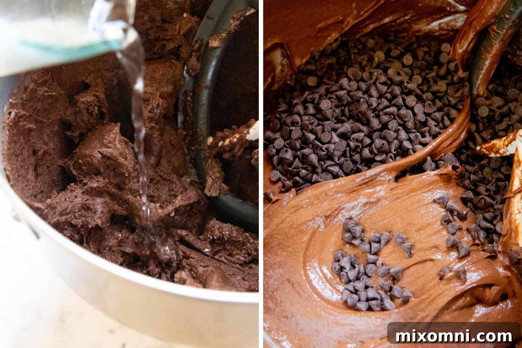 Close-up images of the chocolate bundt cake batter in a mixing bowl.