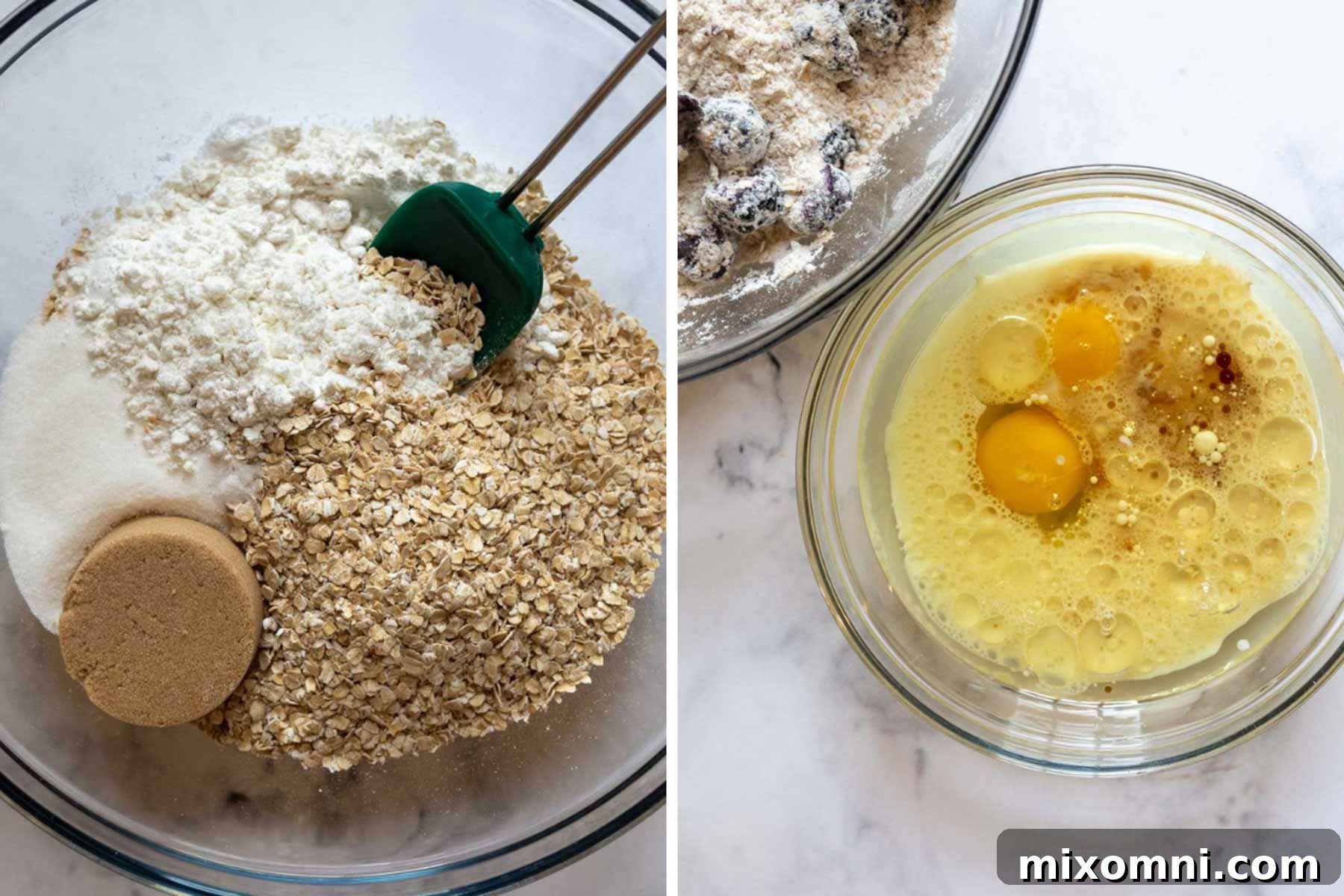Image showing the process of mixing dry and wet ingredients separately for the muffin batter, then combining them gently until just mixed.