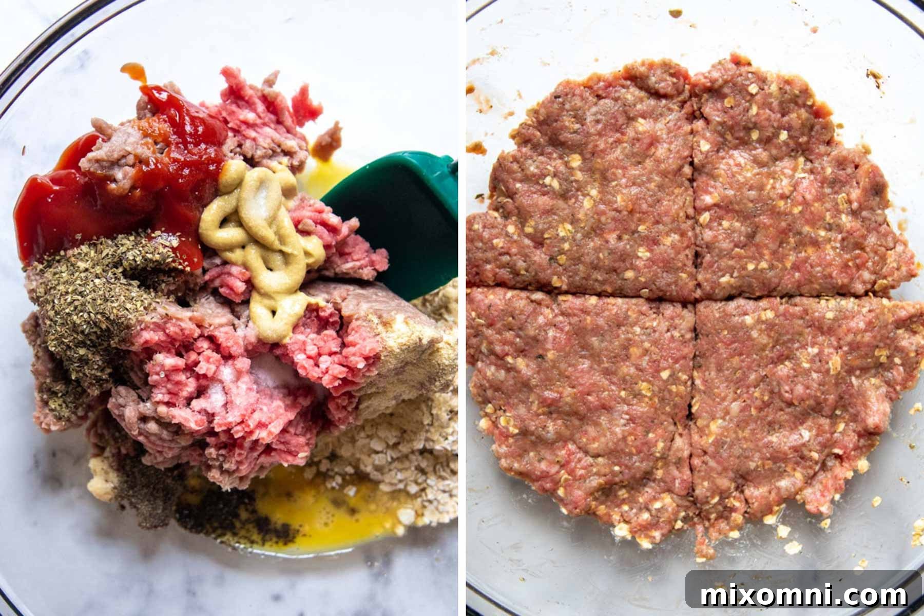 Images showing how to prepare gluten-free hamburger steak patties, from mixing to shaping.