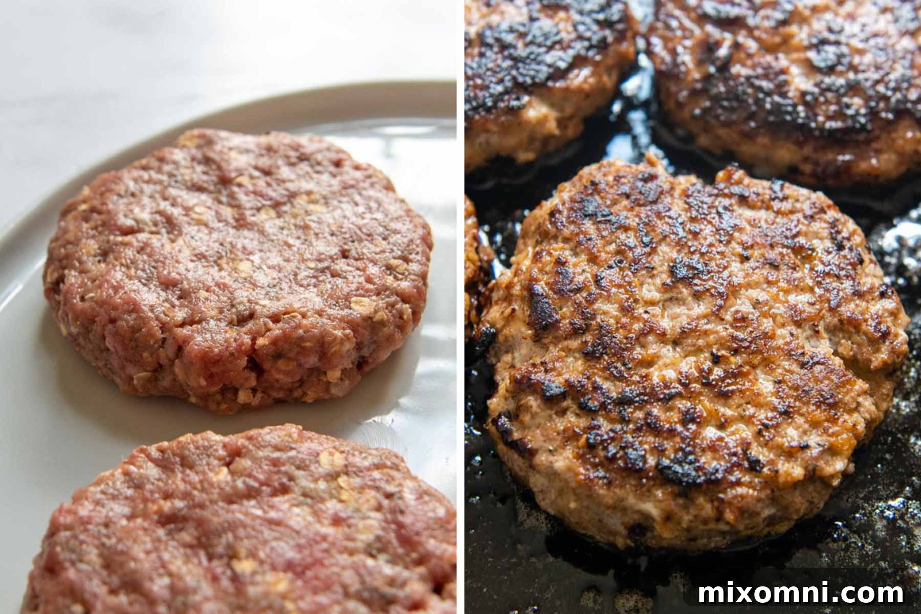 Images demonstrating the cooking process, from uncooked patties to beautifully seared Salisbury steaks.