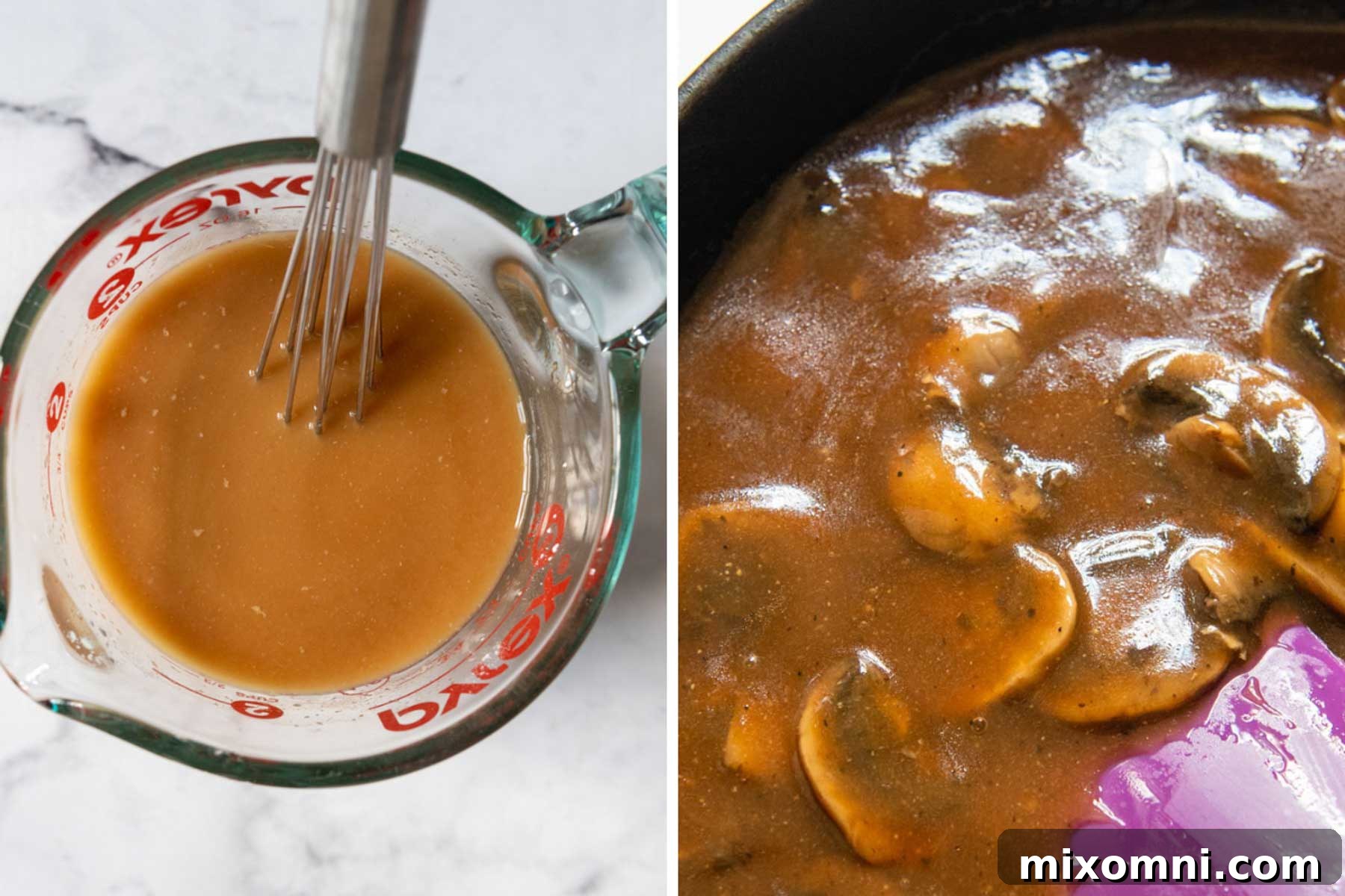 Images detailing the creation of the gluten-free mushroom gravy, showing ingredients being combined and thickened.