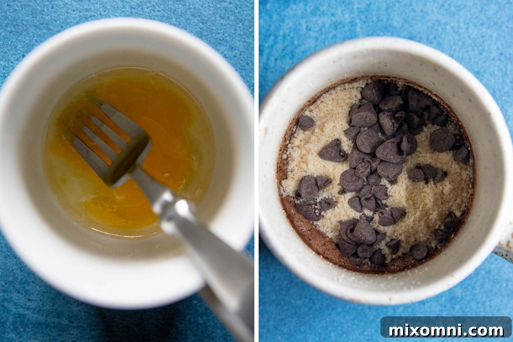 A visual guide illustrating the step-by-step process of making the almond flour mug cake, from mixing ingredients to preparing it for the microwave.