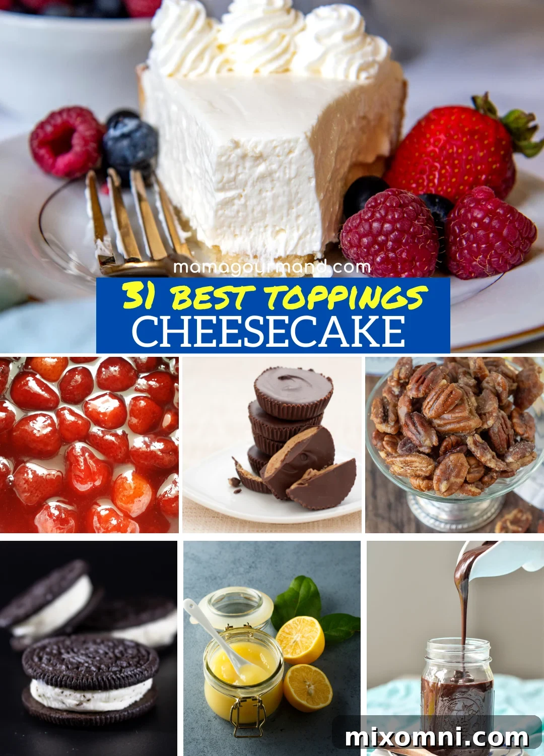 A vibrant collage showcasing various delicious cheesecake toppings including fresh berries, chocolate shavings, caramel drizzle, and whipped cream.