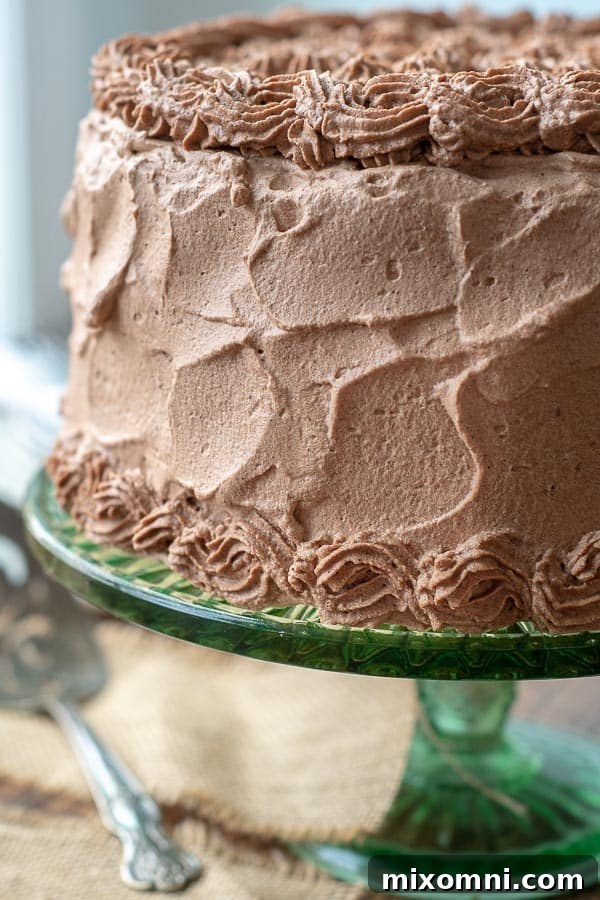 A beautifully frosted cake on a vibrant green cake stand, generously covered with light and airy chocolate whipped cream frosting.