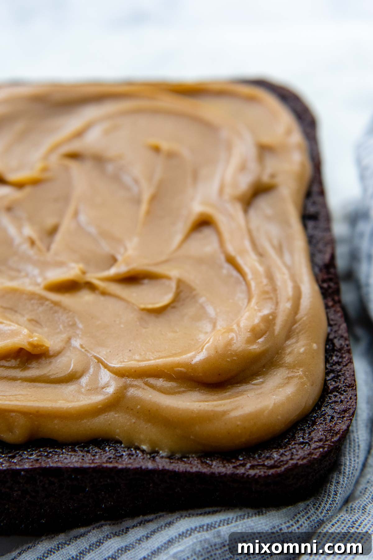 A close-up shot of rich, gooey peanut butter frosting artfully spread over a moist chocolate cake, highlighting its smooth texture.